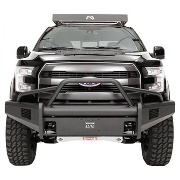 Fab Fours - Fab Fours FF18-R4562-1 Black Steel Elite Smooth Front Bumper with Pre-Runner Guard for Ford F150 2018-2020