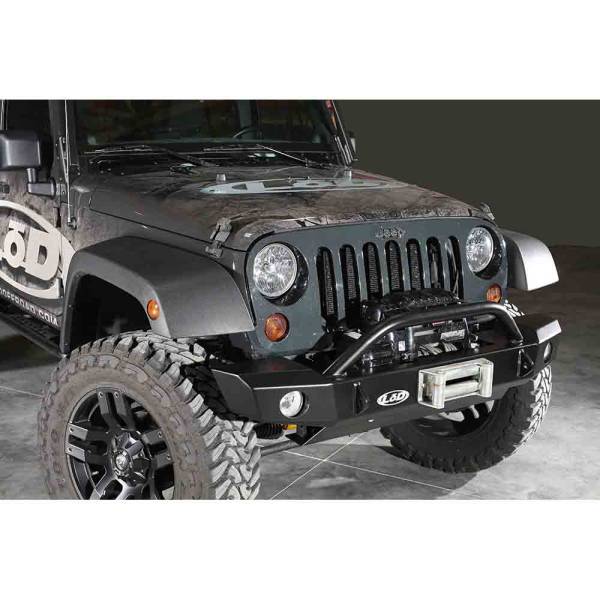 LOD Offroad - LOD Offroad JFB0747 Signature Mid Width Winch Front Bumper with Bull Bar Tube Guard for Jeep Wrangler JK 2007-2018 - Black Texture