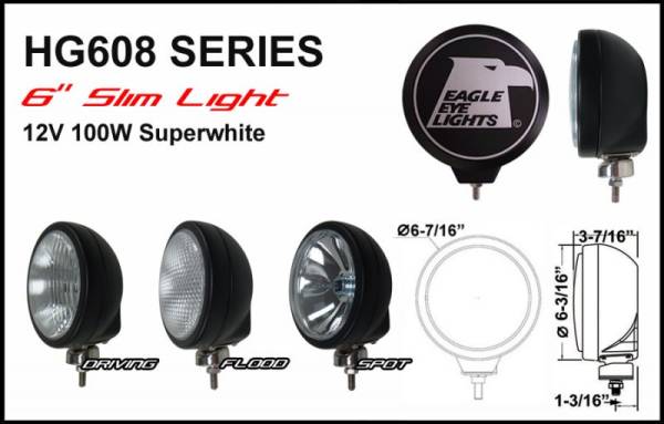Eagle Eye Lights - Eagle Eye Lights HG608BS 6 3/16" Black 12V 100W Superwhite Spot Clear Slim Round Halogen Off Road Light with ABS Cover Each